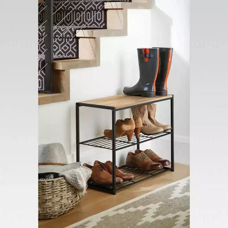 Range-chaussures 3 niveaux, métal noir avec dessus en bois naturel