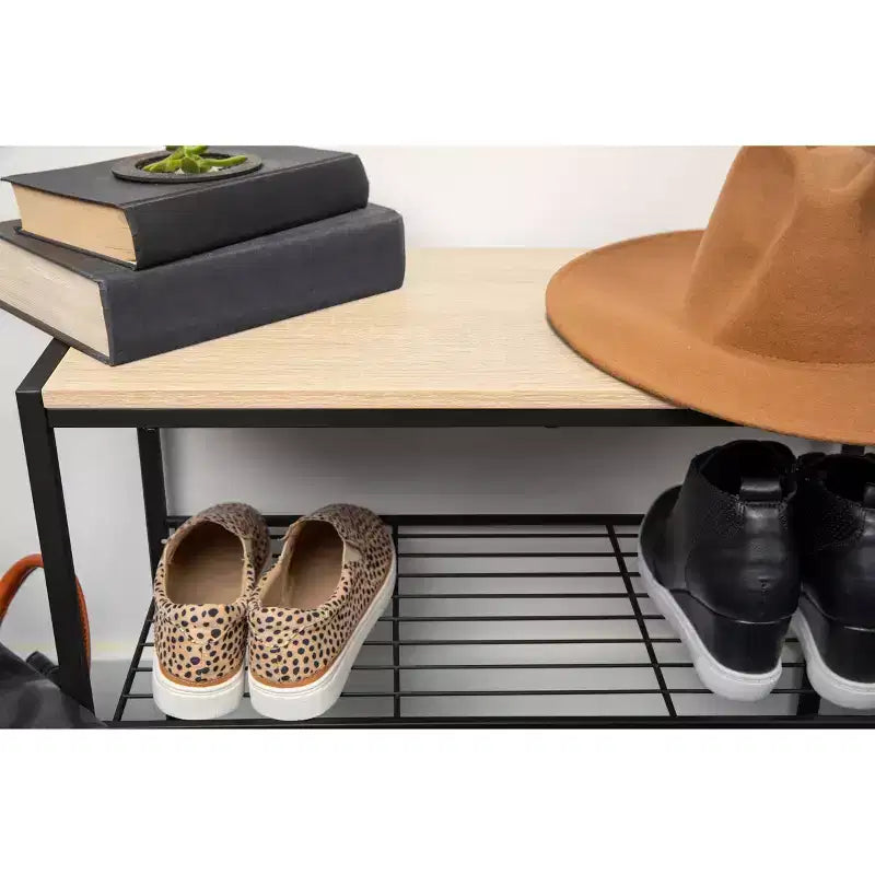 Range-chaussures 3 niveaux, métal noir avec dessus en bois naturel