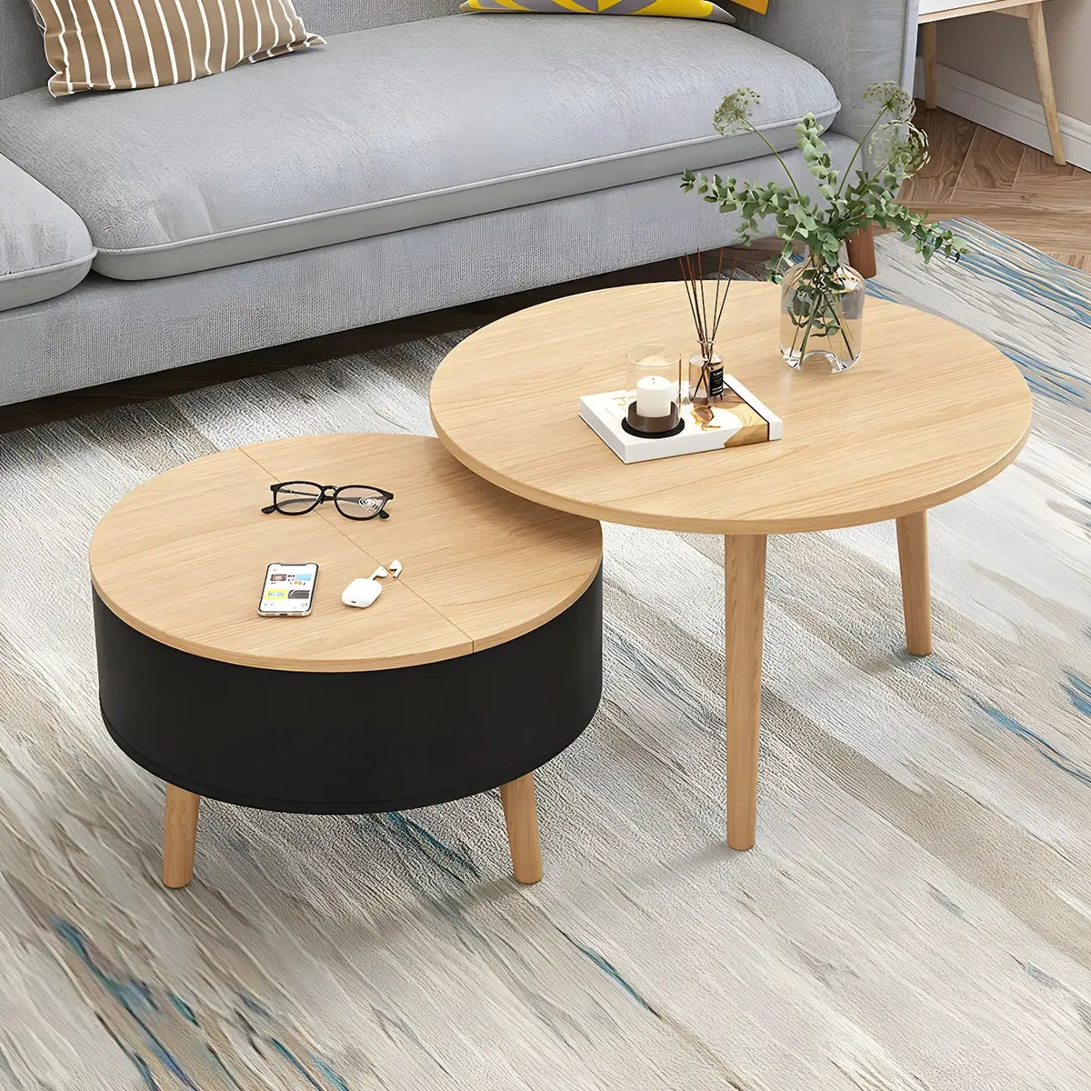 Table basse ronde moderne en bois noir et blanc avec rangement