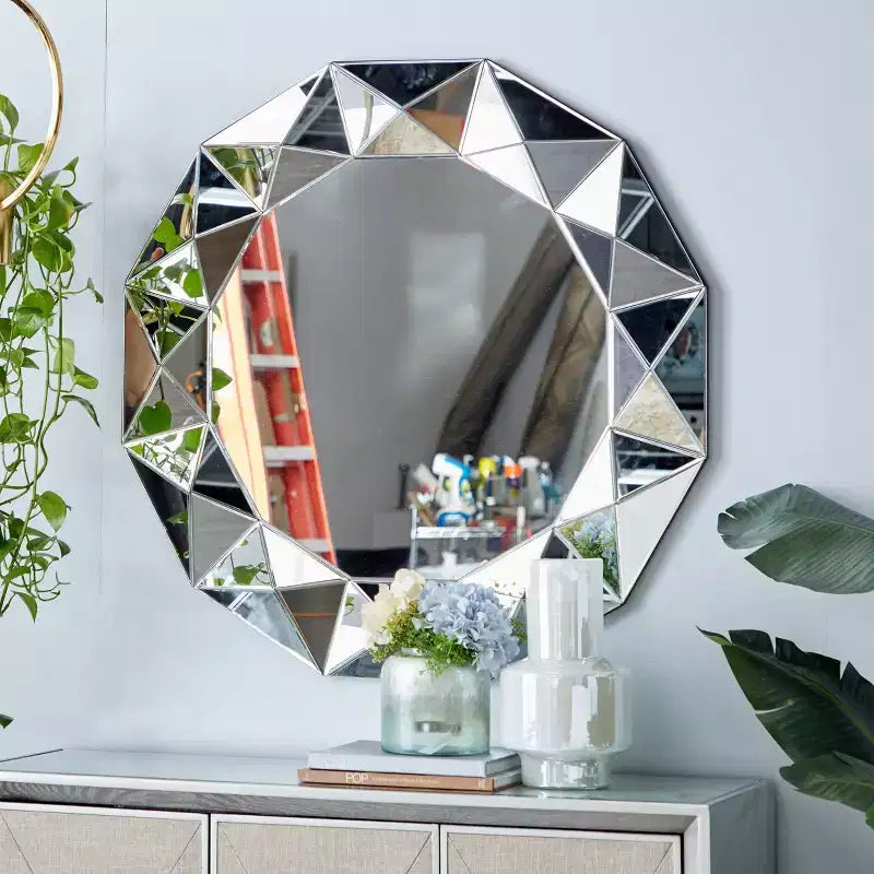 Miroir mural Starburst Glam Wood, grand rond argenté, cadre MDF