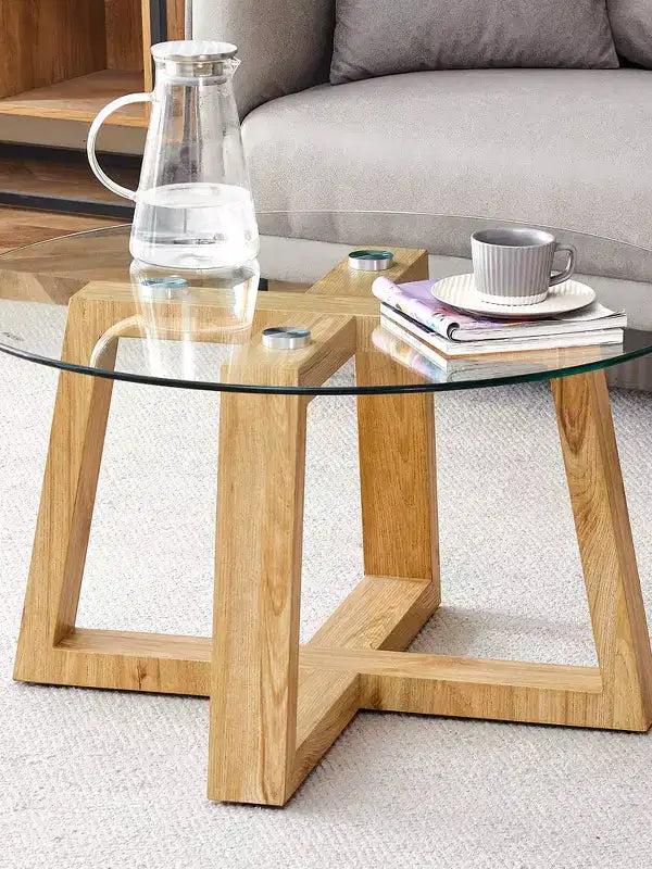 Tables basses rondes modernes et pratiques, avec plateau en verre trempé transparent, tables en MDF couleur bois pour salons, chambres