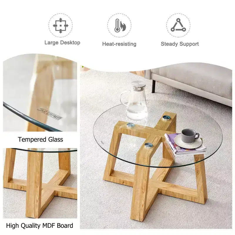 Tables basses rondes modernes et pratiques, avec plateau en verre trempé transparent, tables en MDF couleur bois pour salons, chambres