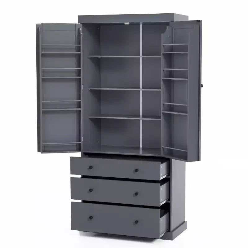 Meuble de rangement de cuisine autoportant, 3 étagères réglables, 3 tiroirs, 8 étagères de porte