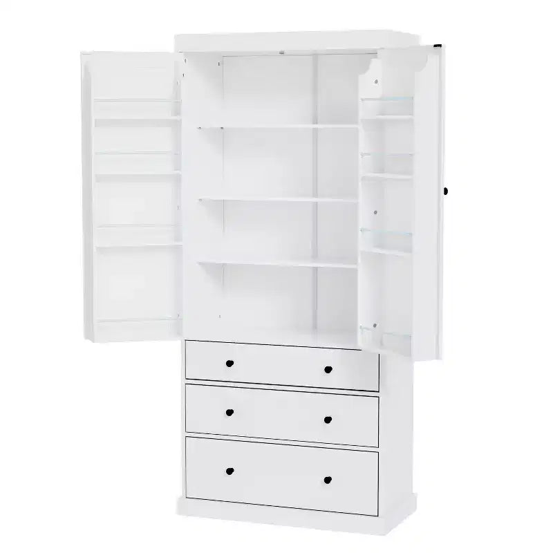 Meuble de rangement de cuisine autoportant, 3 étagères réglables, 3 tiroirs, 8 étagères de porte