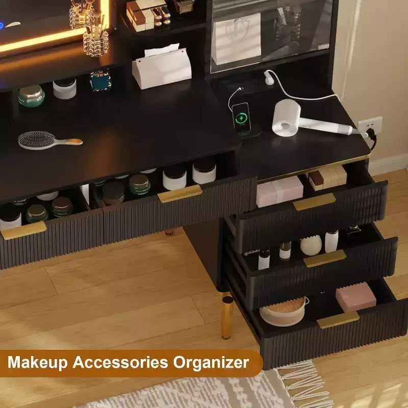 Coiffeuse avec lumières, prise de courant, design cannelé, miroir et 5 tiroirs