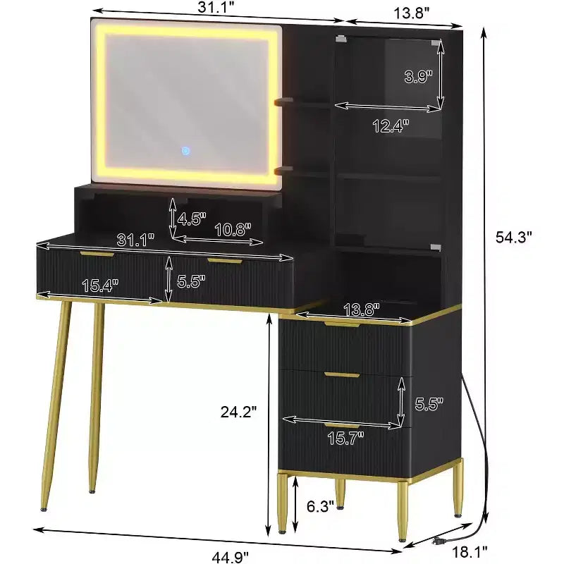Coiffeuse avec lumières, prise de courant, design cannelé, miroir et 5 tiroirs