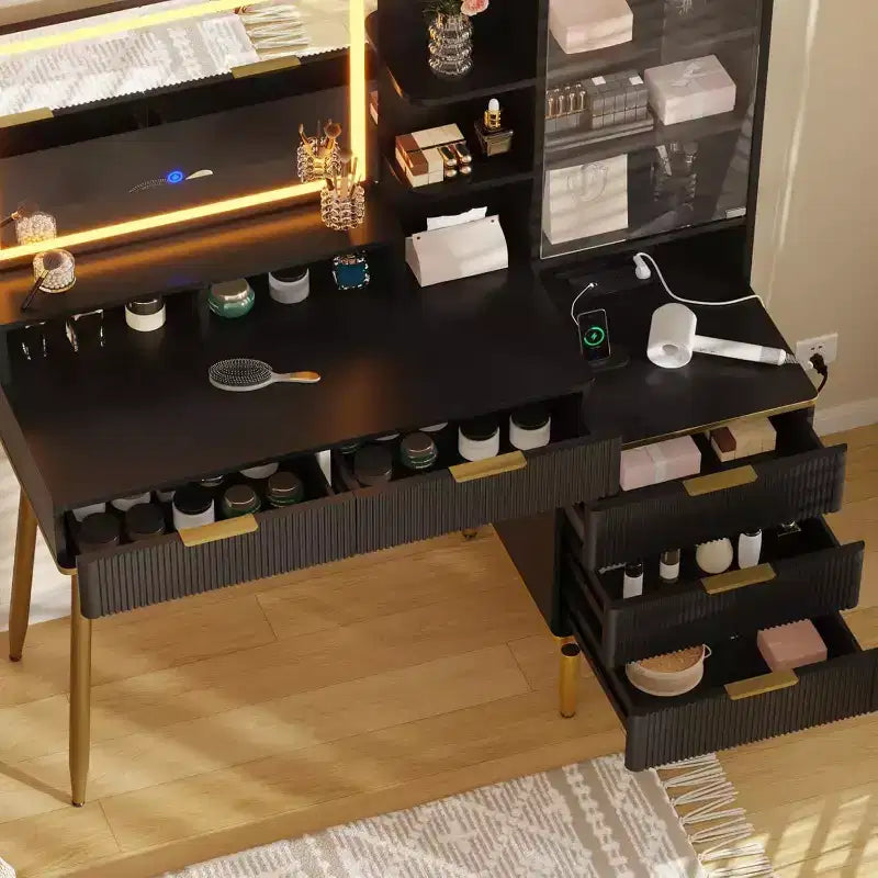 Coiffeuse avec lumières, prise de courant, design cannelé, miroir et 5 tiroirs