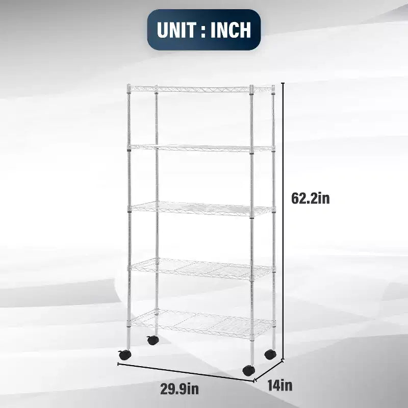 Étagère métallique à 5 niveaux avec tablettes réglables et roulettes verrouillables