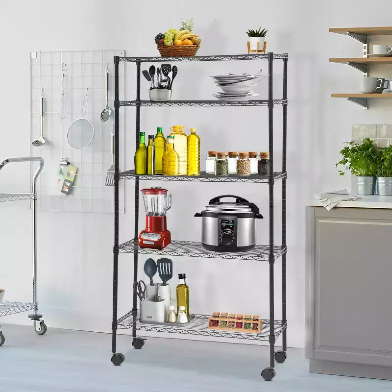 Étagère métallique à 5 niveaux avec tablettes réglables et roulettes verrouillables