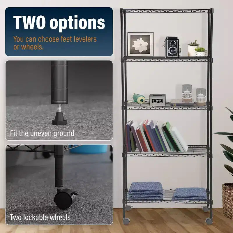 Étagère métallique à 5 niveaux avec tablettes réglables et roulettes verrouillables