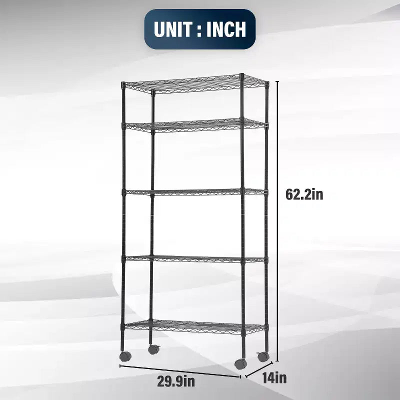 Étagère métallique à 5 niveaux avec tablettes réglables et roulettes verrouillables
