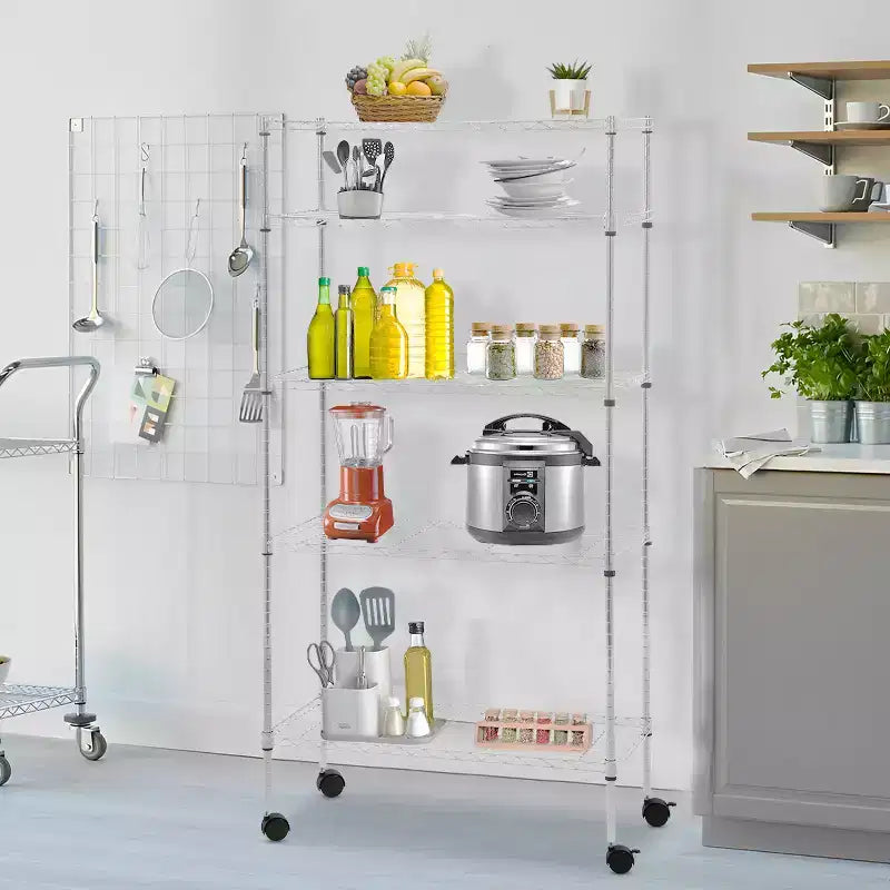 Étagère métallique à 5 niveaux avec tablettes réglables et roulettes verrouillables