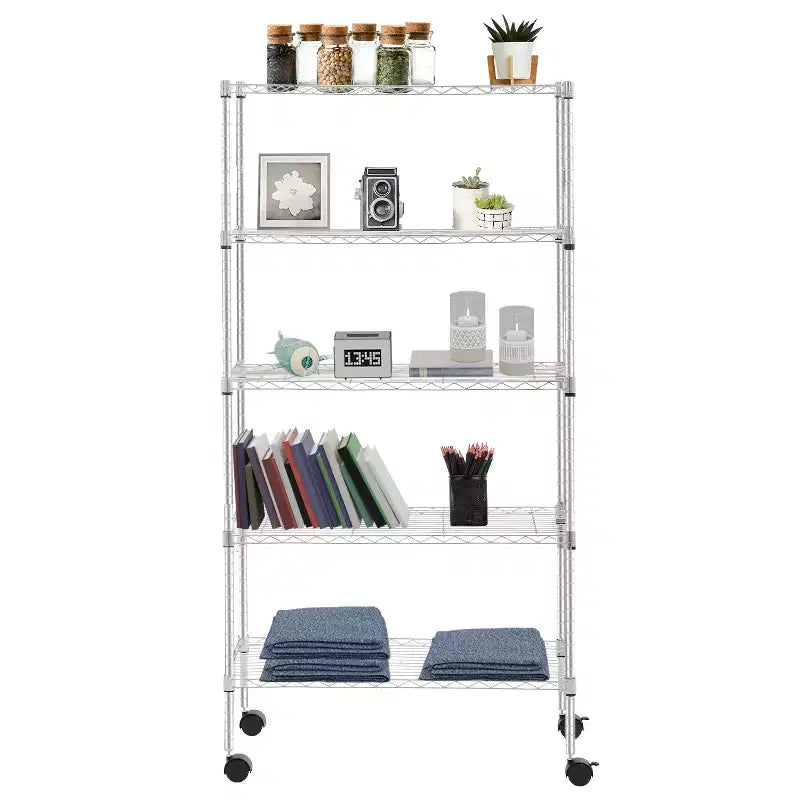 Étagère métallique à 5 niveaux avec tablettes réglables et roulettes verrouillables