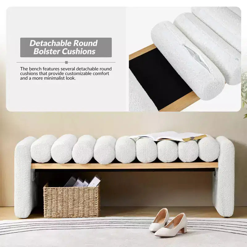 Banc moderne en bois massif avec coussins traversins amovibles, design en H