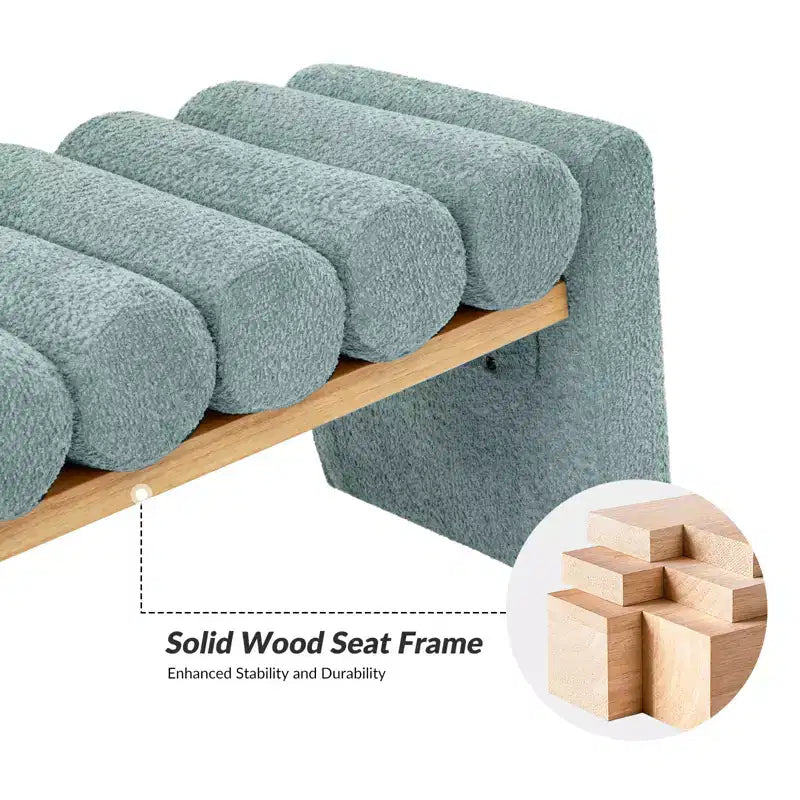 Banc moderne en bois massif avec coussins traversins amovibles, design en H