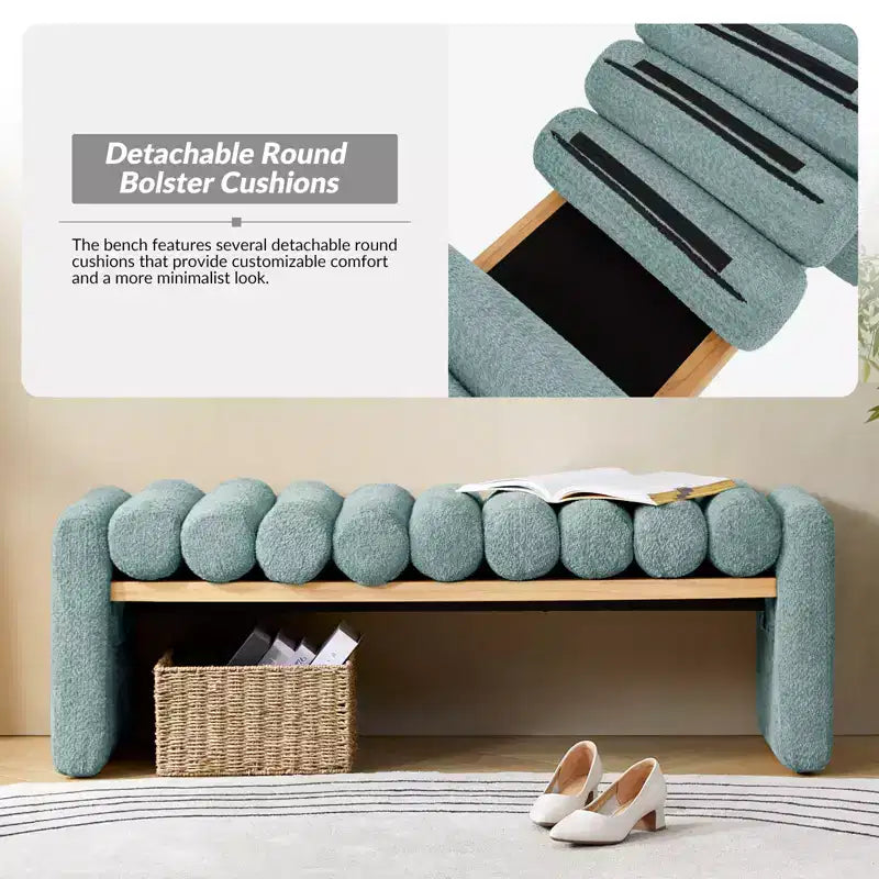 Banc moderne en bois massif avec coussins traversins amovibles, design en H