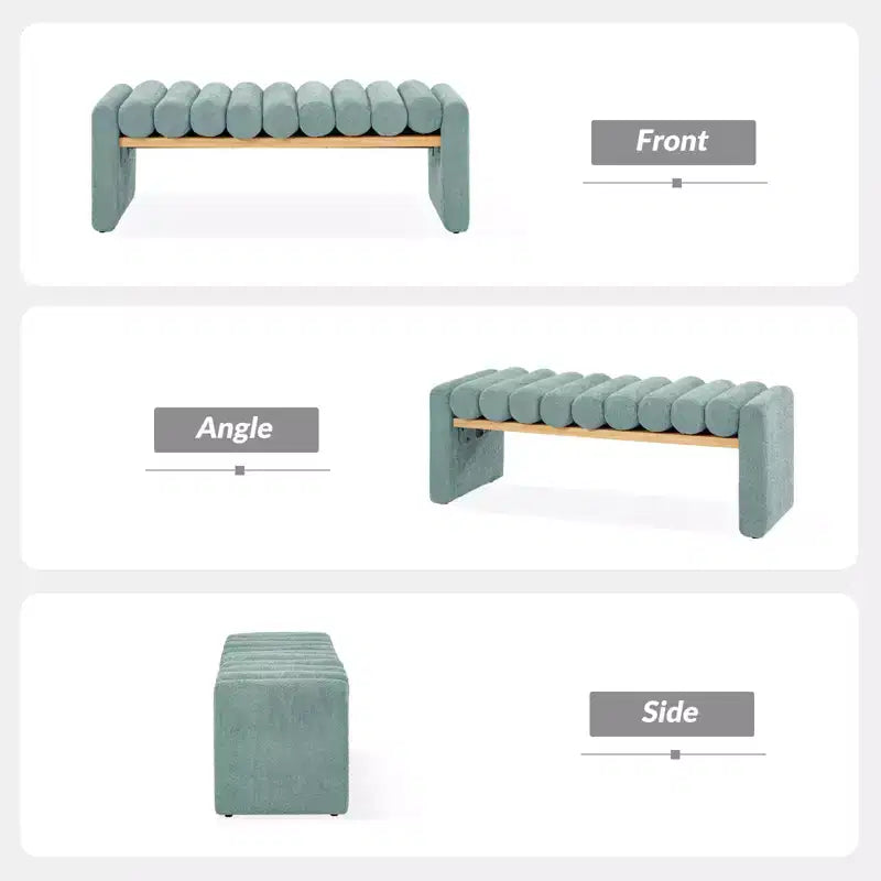 Banc moderne en bois massif avec coussins traversins amovibles, design en H