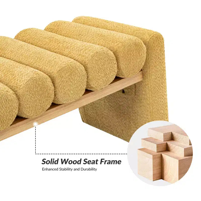 Banc moderne en bois massif avec coussins traversins amovibles, design en H