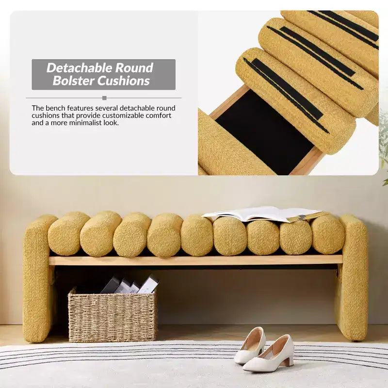 Banc moderne en bois massif avec coussins traversins amovibles, design en H