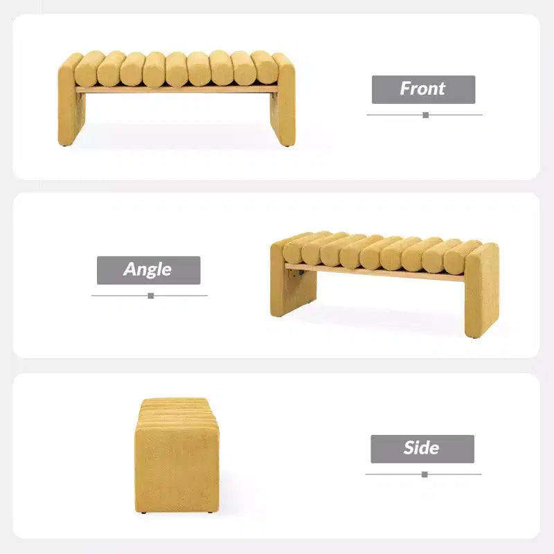 Banc moderne en bois massif avec coussins traversins amovibles, design en H