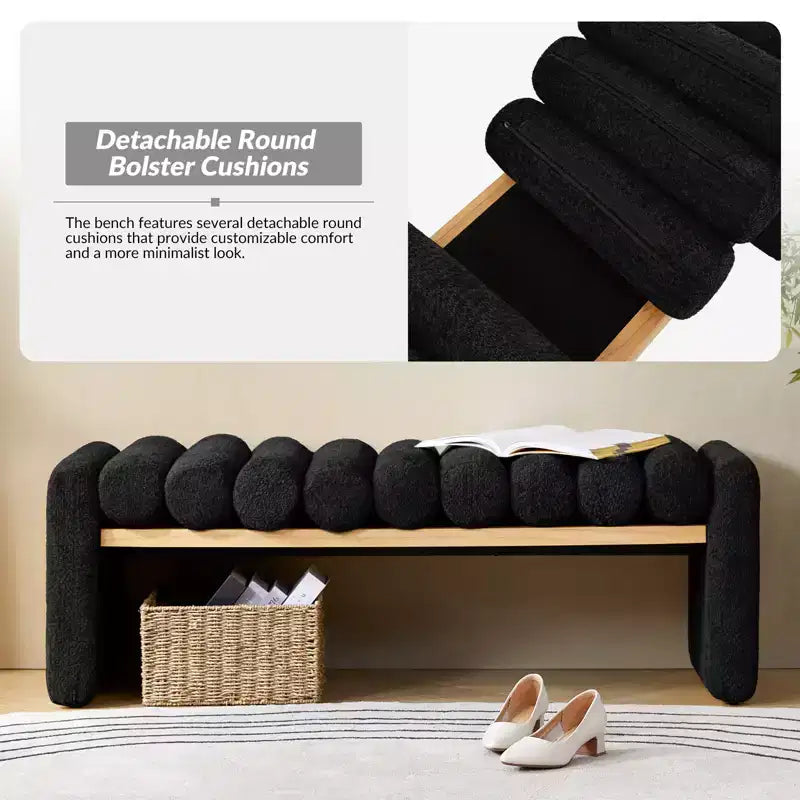 Banc moderne en bois massif avec coussins traversins amovibles, design en H