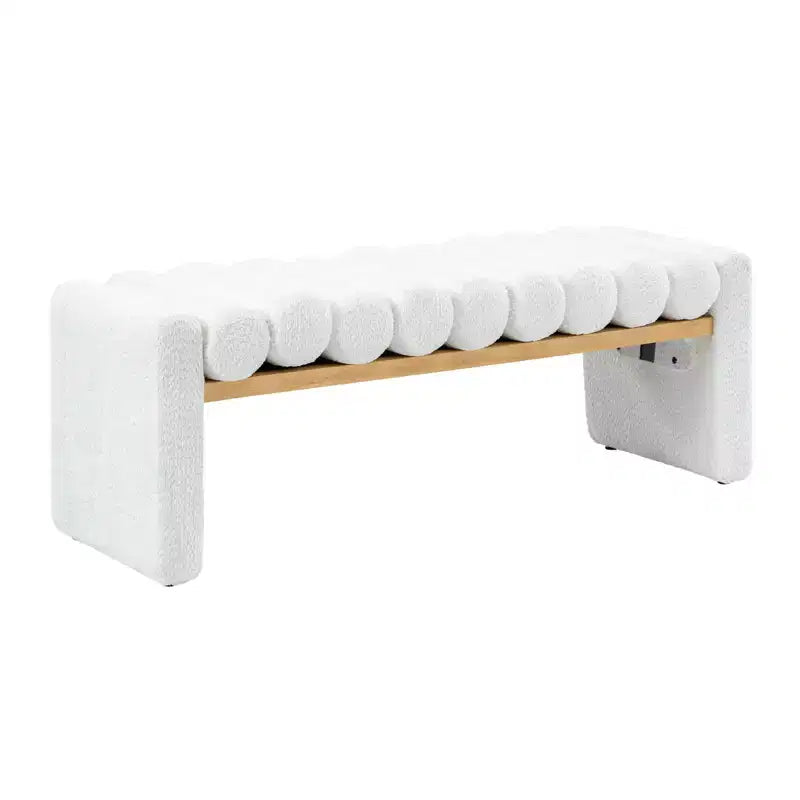 Banc moderne en bois massif avec coussins traversins amovibles, design en H