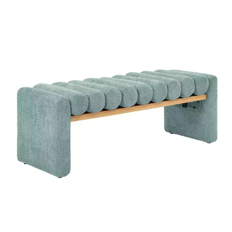 Banc moderne en bois massif avec coussins traversins amovibles, design en H