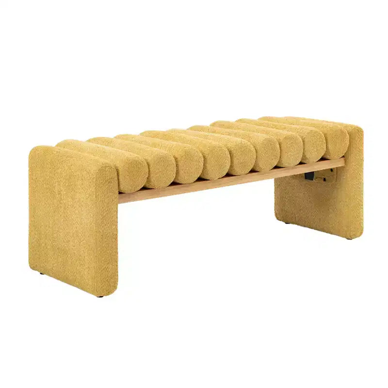 Banc moderne en bois massif avec coussins traversins amovibles, design en H