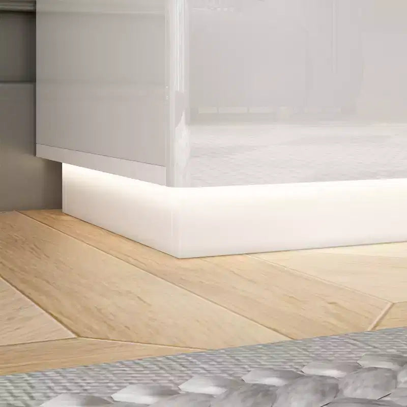 Commode 5 tiroirs laquée brillante avec éclairage sous le meuble, poignée dissimulée