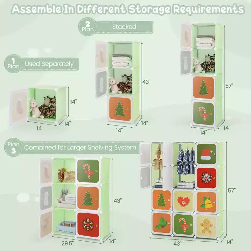 Armoire pour enfant 12 cubes, commode bébé, penderie de chambre avec portes, rose/vert