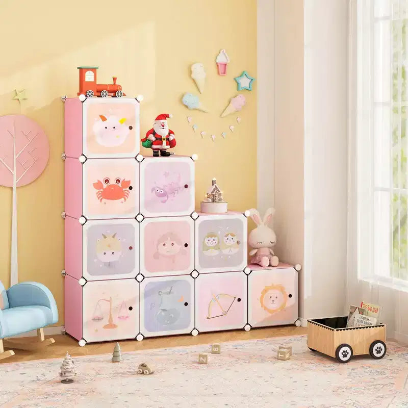 Armoire pour enfant 12 cubes, commode bébé, penderie de chambre avec portes, rose/vert