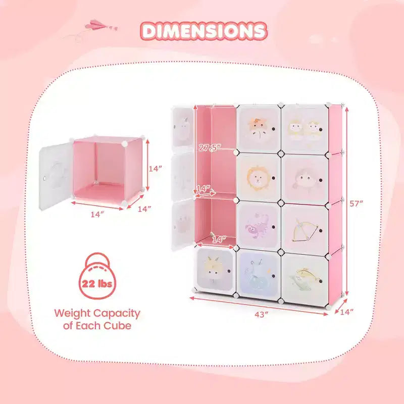 Armoire pour enfant 12 cubes, commode bébé, penderie de chambre avec portes, rose/vert
