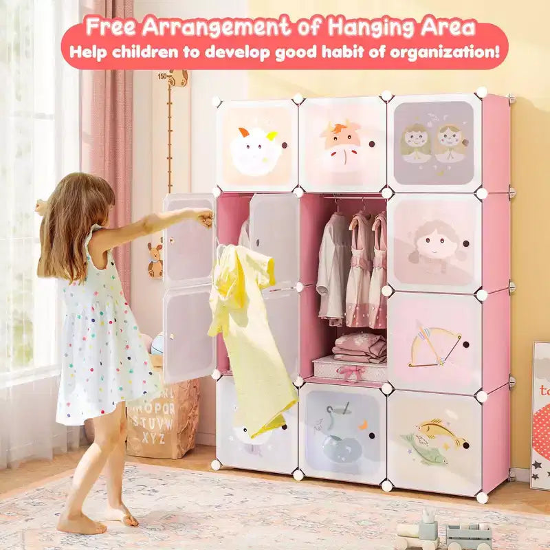 Armoire pour enfant 12 cubes, commode bébé, penderie de chambre avec portes, rose/vert