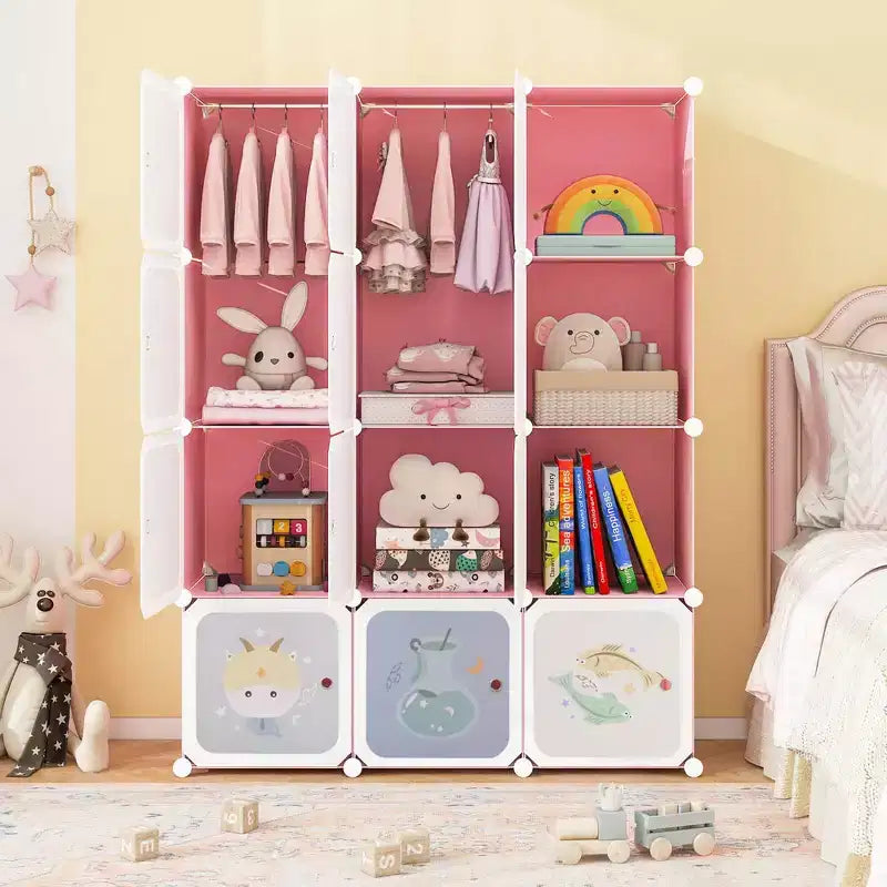 Armoire pour enfant 12 cubes, commode bébé, penderie de chambre avec portes, rose/vert