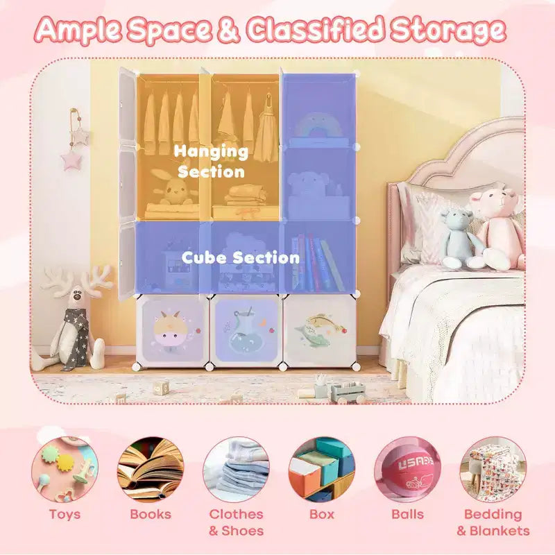 Armoire pour enfant 12 cubes, commode bébé, penderie de chambre avec portes, rose/vert