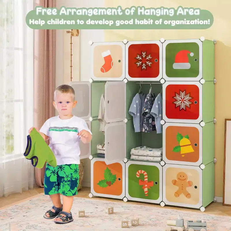 Armoire pour enfant 12 cubes, commode bébé, penderie de chambre avec portes, rose/vert