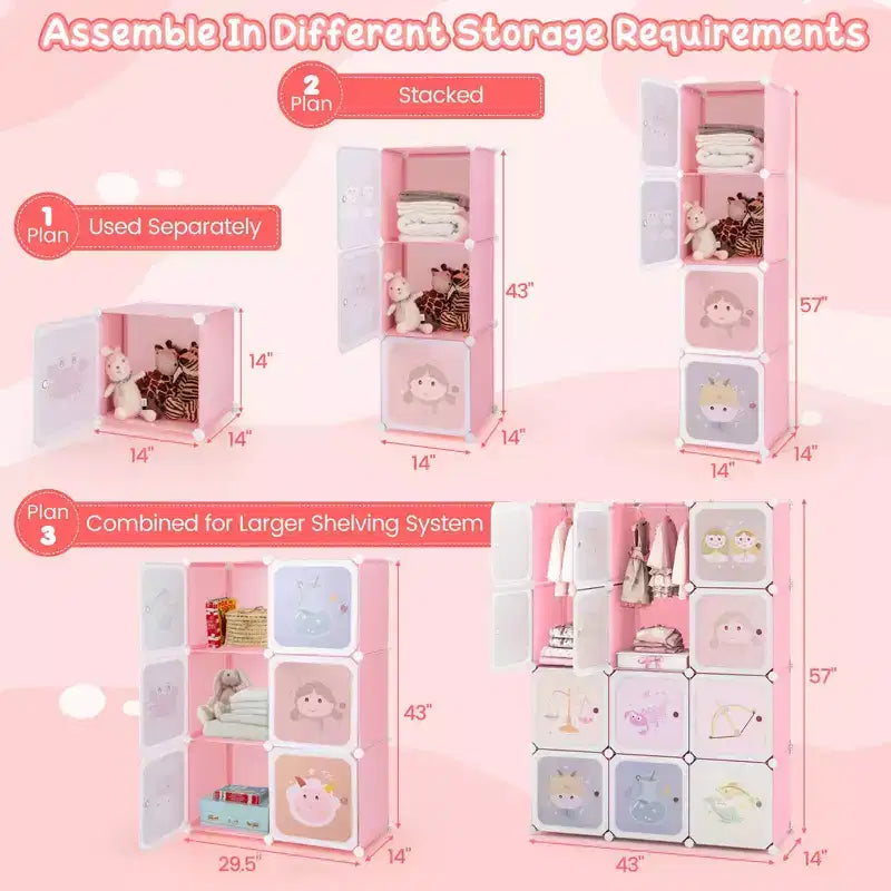 Armoire pour enfant 12 cubes, commode bébé, penderie de chambre avec portes, rose/vert