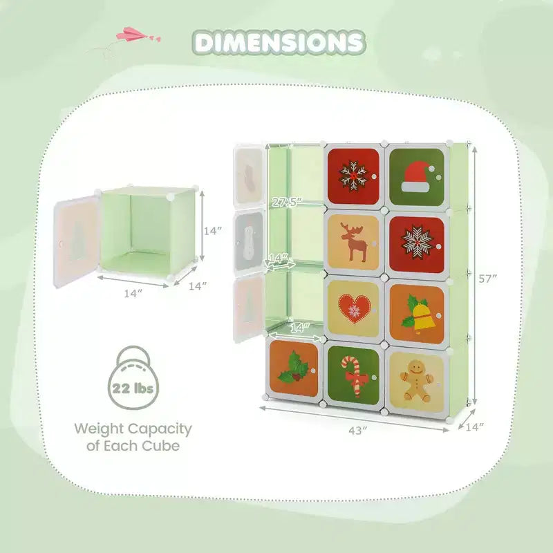 Armoire pour enfant 12 cubes, commode bébé, penderie de chambre avec portes, rose/vert