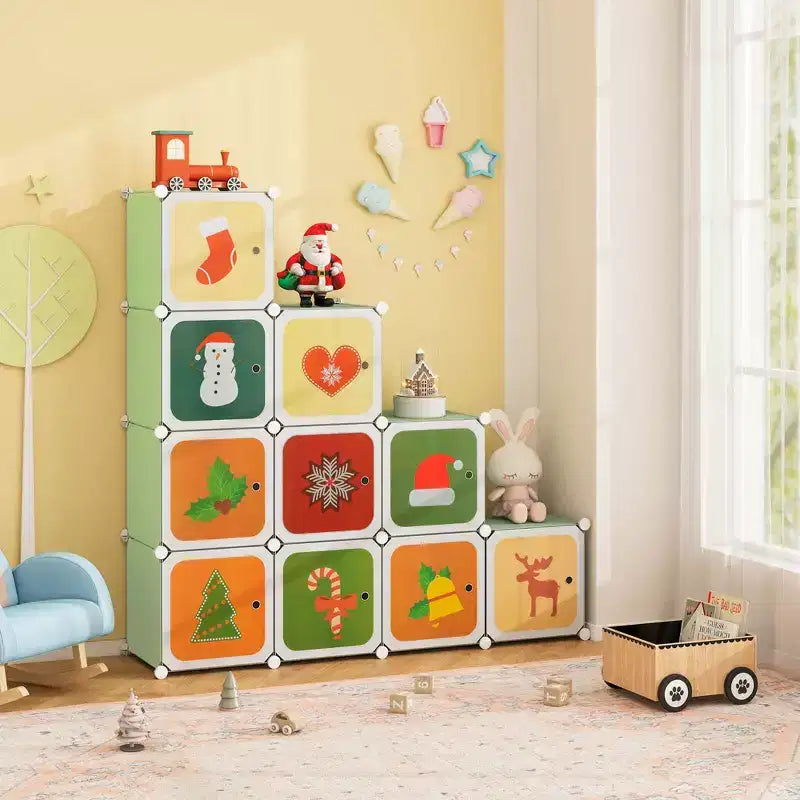 Armoire pour enfant 12 cubes, commode bébé, penderie de chambre avec portes, rose/vert