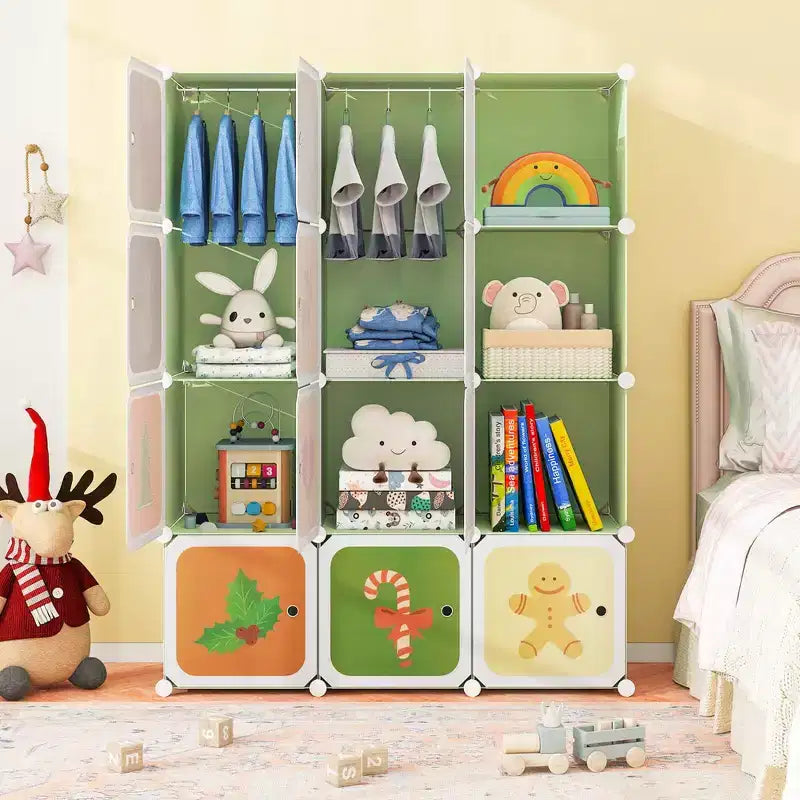 Armoire pour enfant 12 cubes, commode bébé, penderie de chambre avec portes, rose/vert