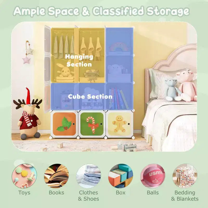 Armoire pour enfant 12 cubes, commode bébé, penderie de chambre avec portes, rose/vert