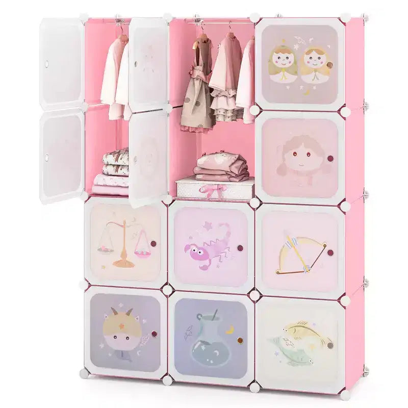 Armoire pour enfant 12 cubes, commode bébé, penderie de chambre avec portes, rose/vert