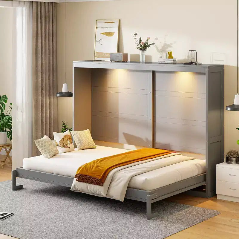 Lit escamotable Queen Size avec lumières LED, Blanc/Gris