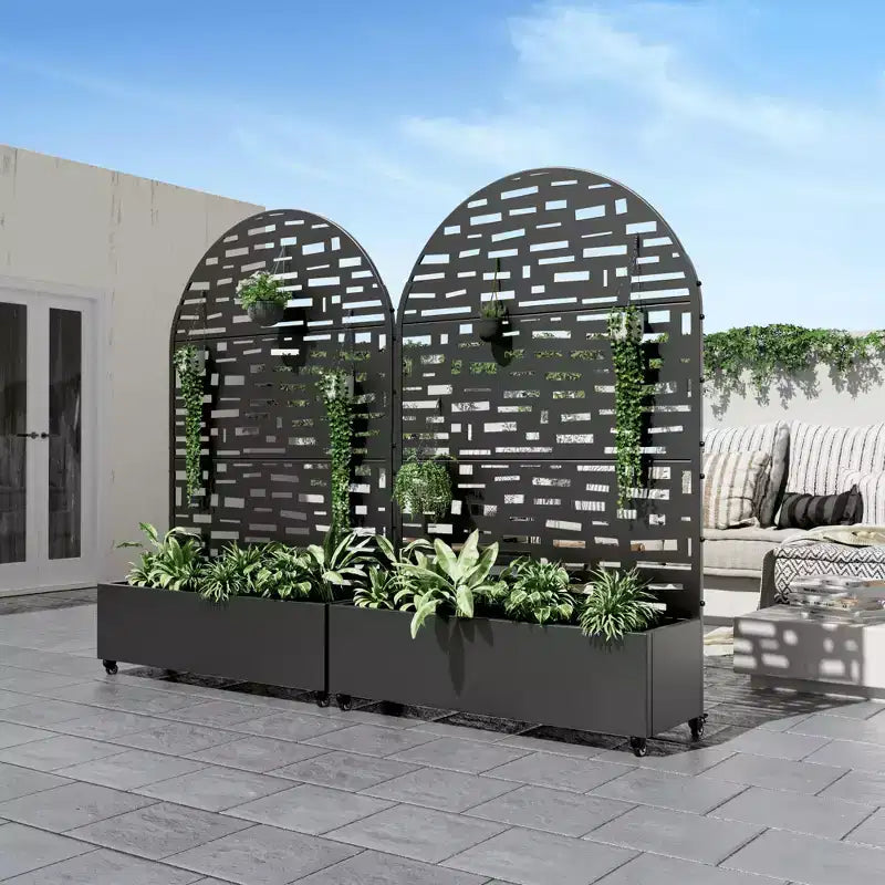 Jardinière avec treillis, arche noire en fer à bords larges, 72x47x16", lot de 3 pièces