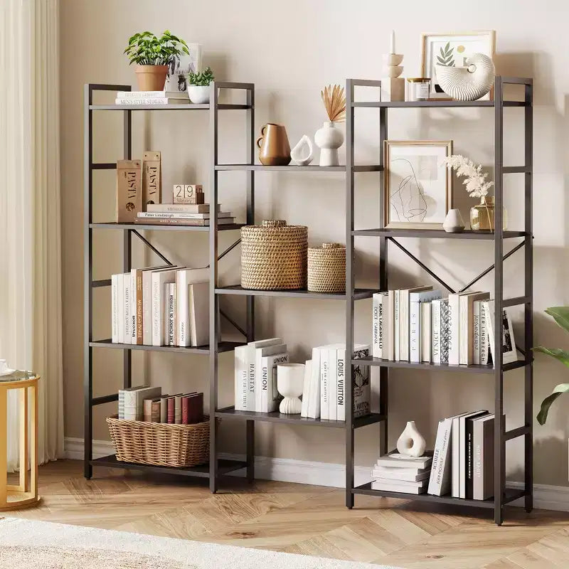 Étagère à 4 niveaux avec 11 étagères ouvertes, bibliothèque large à triple colonne pour la maison et le bureau, organisateur de rangement spacieux et élégant