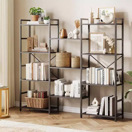 Étagère à 4 niveaux avec 11 étagères ouvertes, bibliothèque large à triple colonne pour la maison et le bureau, organisateur de rangement spacieux et élégant