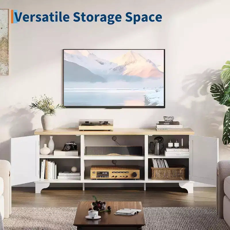 Meuble TV 178 cm, Meuble TV bohème en rotin, Console en bois avec rangement et étagères
