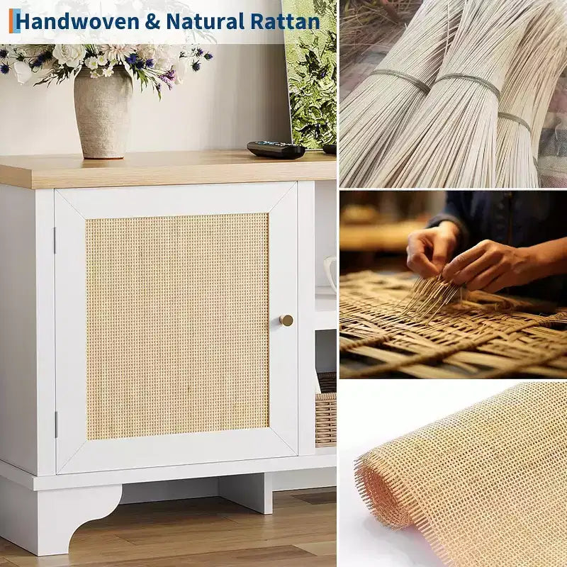 Meuble TV 178 cm, Meuble TV bohème en rotin, Console en bois avec rangement et étagères