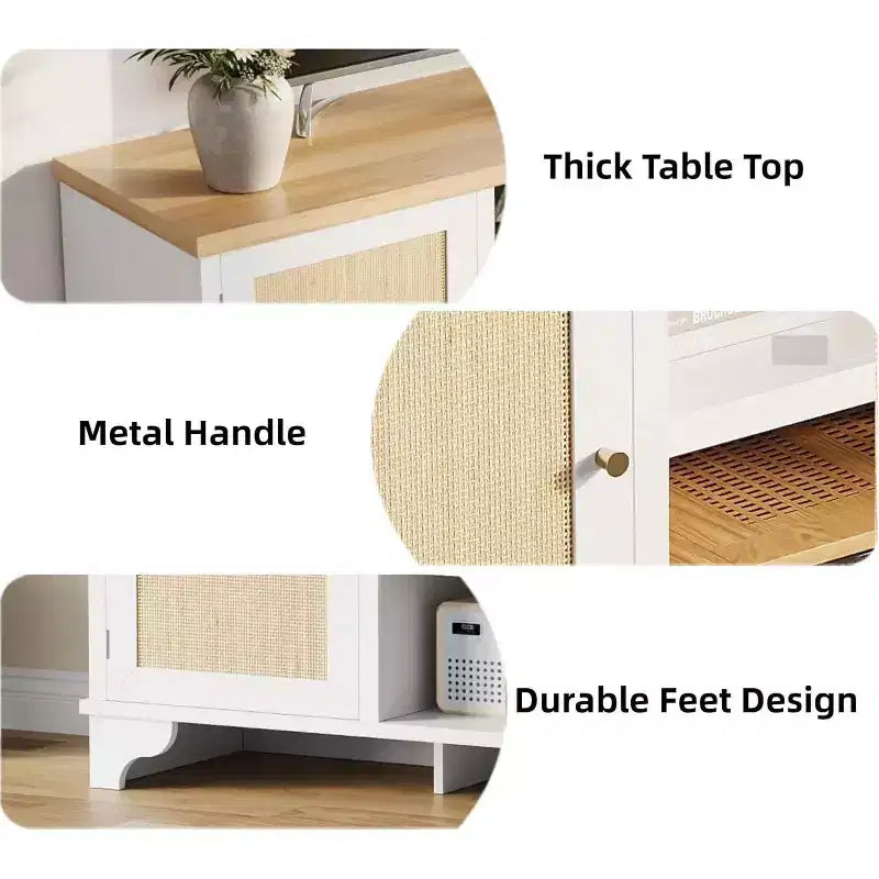 Meuble TV 178 cm, Meuble TV bohème en rotin, Console en bois avec rangement et étagères