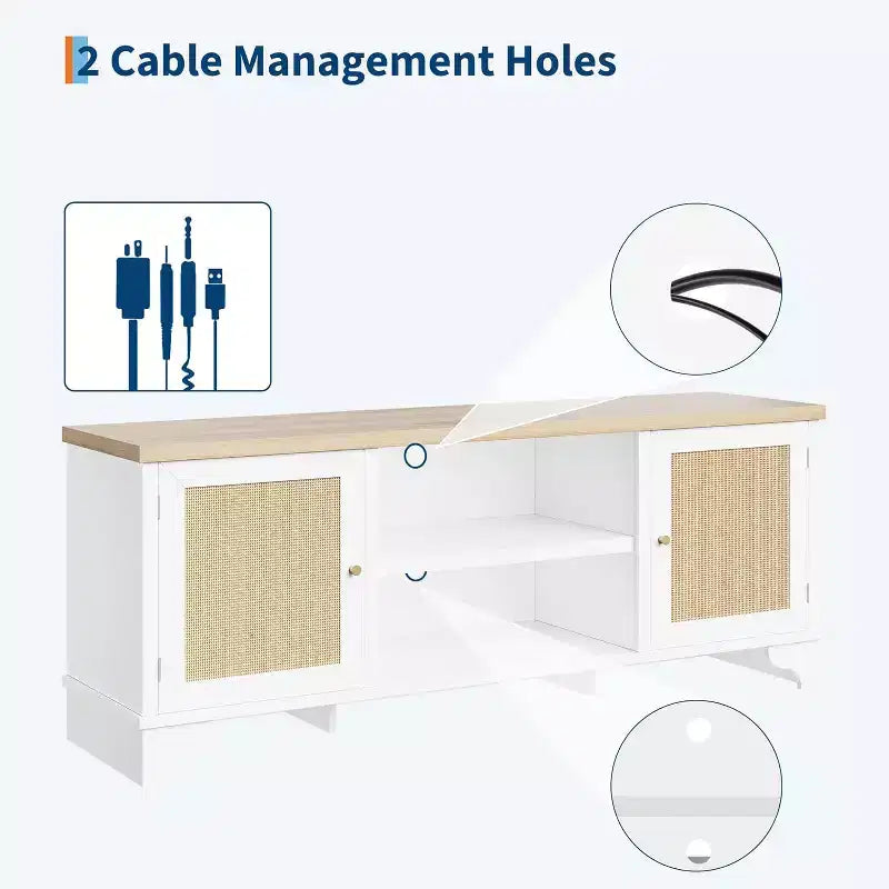 Meuble TV 178 cm, Meuble TV bohème en rotin, Console en bois avec rangement et étagères
